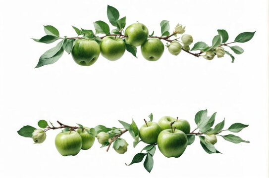 green apple banner with branches leaves isolated on white background