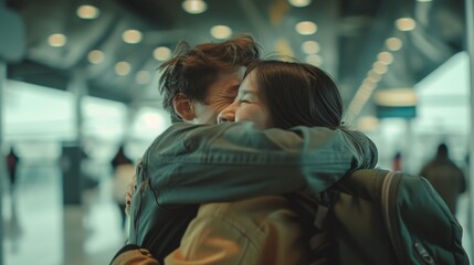Young happy couple embracing and reuniting at an airport
