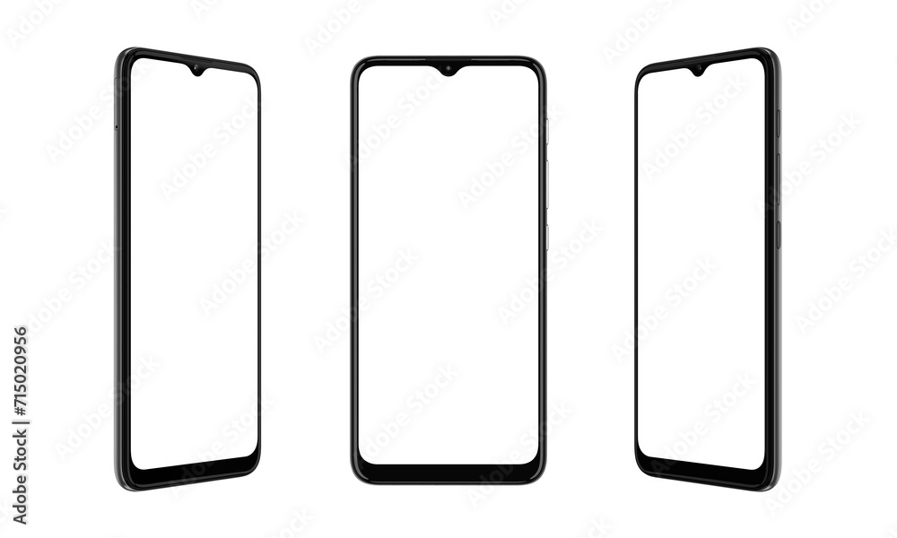 Poster Transparent smart device with sleek, round edges in three positions. Versatile phone mockup, perfect for app or web page presentation