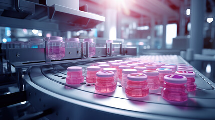 Production of cosmetics, healthcare products, and pharmaceuticals. Jars with pink product on the conveyer belt. Modern manufacturing facility. Life sciences industry, biotechnology.