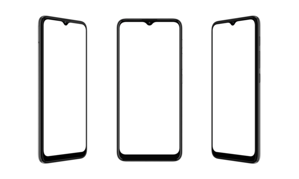 Transparent smart device with sleek, round edges in three positions. Versatile phone mockup, perfect for app or web page presentation
