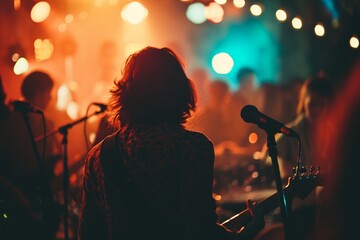 Defocused people playing music at party