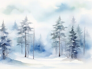 Fototapeta na wymiar Watercolor foggy forest landscape illustration. Wild nature in wintertime.