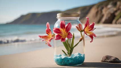A Captivating Alstroemeria FLOWER Jar Amidst Beach Serenity AI GENERATED