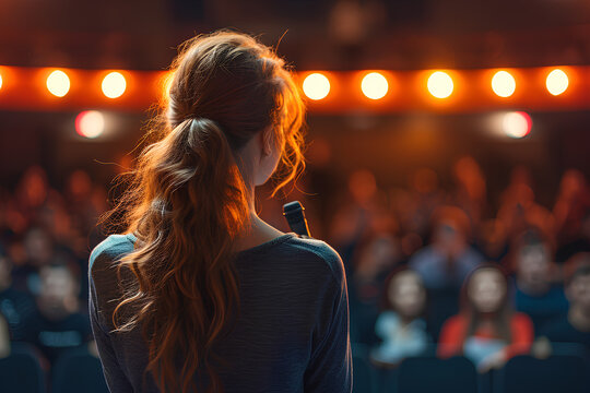 A Woman Speaking In Front Of Crowd People Bokeh Style Background