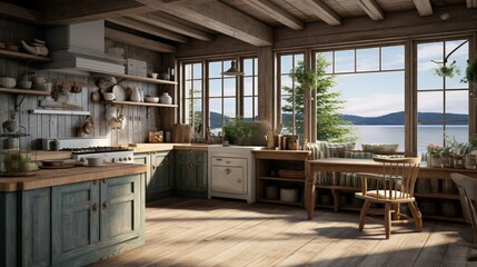Inviting Coastal Style Kitchen with Rustic Weathered Wood Accents - AI-Generative