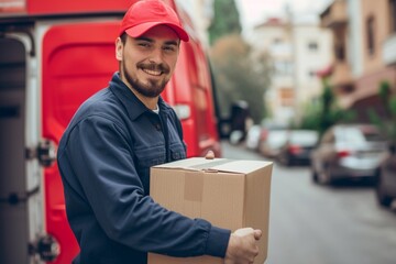 Delivery courier service. Delivery man in red cap and uniform holding a cardboard box near a van truck delivering to customer home. Smiling man postal delivery man delivering a package