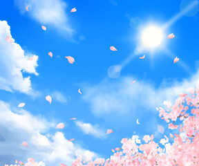 Fototapeta na wymiar 美しく華やかな桜の花と花びら舞い散る春の爽やか青空に光差し込む雲のフレーム背景ベクター素材イラスト