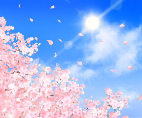 美しく華やかな桜の花と花びら舞い散る春の爽やか青空に光差し込む雲のフレーム背景ベクター素材イラスト - obrazy, fototapety, plakaty