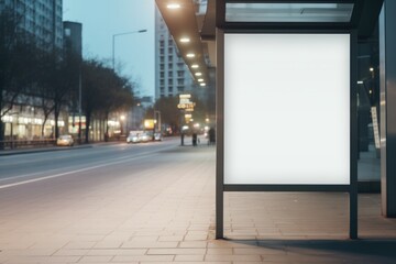 Empty white lightbox mockup at a public transportation stop in the city at dusk