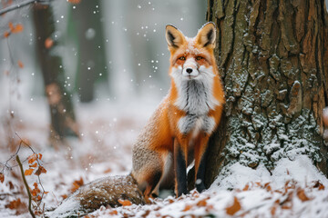 Fototapeta premium Red fox in the nature forest habitat wide angle lens picture. Animal with tree trunk with first snow. Vulpes vulpes, in green forest during winter