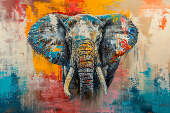 Animal portrait of an elephant as a colorful abstract oil painting. an elephant with colorful paint on its face. Walking elephant painted in psychedelic colors.