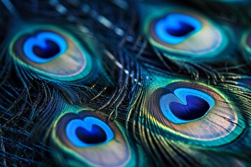 Diagonal Pattern of Metallic Blue and Green Peacock Feathers on Dark Blue Background