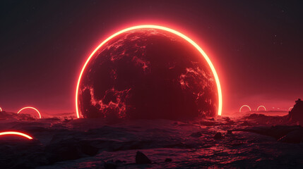  Red glowing eclipse in a dark space setting, with a surreal atmosphere.