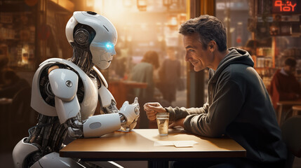Kind smiling man talking to a humanoid cyborg in a cafe. Friendship of the future. Connection between human and android.