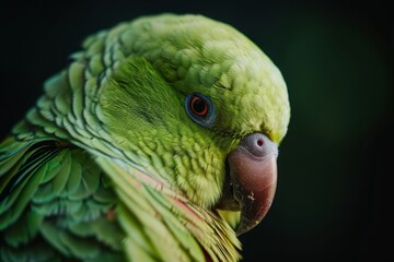 Vivid portrait of a green parrot with intense red eyes, showcasing the exotic beauty and personality of tropical birds.