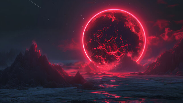  Red glowing eclipse in a dark space setting, with a surreal atmosphere.