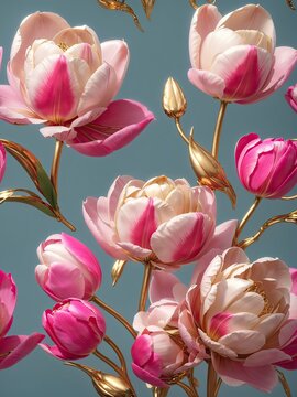 3D render of Beautiful elegance blooming pink color tulips isolated on a multicolored background. Elegance captured in 3D with blooming pink tulips on a lively multicolored background © The Artist