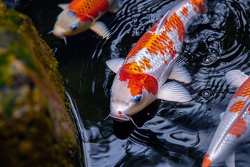 Elegant koi fish gliding serenely in a pond, their orange and white scales creating a striking contrast with the dark water