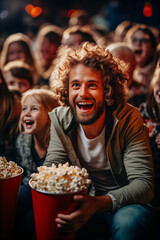 Young man laughing, eating popcorn and watching a comedy movie in the cinema
