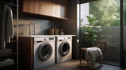 Efficient and Stylish Compact Scandinavian Laundry Area with High-End Appliances and Modern Design - AI-Generative - obrazy, fototapety, plakaty
