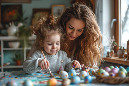 Happy mother and daughter painting easter eggs