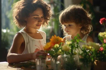 Two girls tending flowers in glass vases, sunny warm room