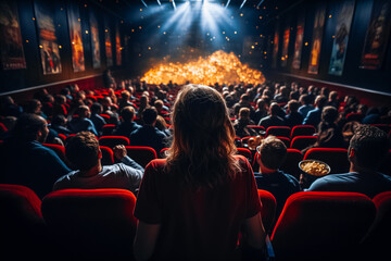 Photography of many people eating popcorn and watching a movie in the cinema - obrazy, fototapety, plakaty