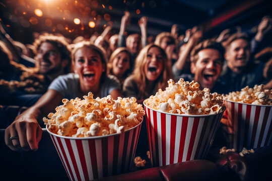 Photography of many people laughing, eating popcorn and watching a comedy movie in the cinema