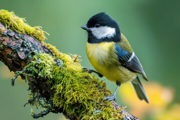 Obraz premium Great Tit, Parus major, black and yellow bird sitting on the lichen tree branch, little bird in nature forest habitat, wild animal, Italy. Detail head portrait of bird. Songbird hidden in green moss