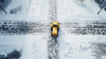 Small yellow tractor driving through the crossroads, working on snowy city streets in winter. Snowplough cleaning urban roads, snow removal after snowstorm. Top view, from above.
