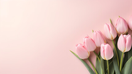 Fototapeta premium wallpaper: beautiful bouquet of pink tulips flowers on light pastel rose background - the background offers lots of space for text 