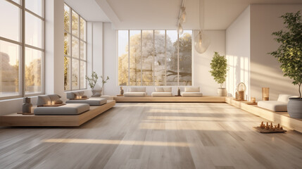 Fototapeta premium modern fitness center or home with large windows and white walls, a comfortable place for sports, meditation and yoga