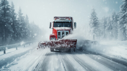 Snow removal vehicle cleaning the road in the rural area during heavy snowstorm. Red snowplough working on a highway in remote countryside in cold climate during winter.