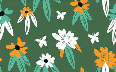 Seamless floral pattern based on traditional folk art ornaments. Colorful flowers on color background. Scandinavian style. Sweden nordic style. Vector illustration. Simple minimalistic pattern