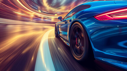 A beautiful car at high speed driving down the road