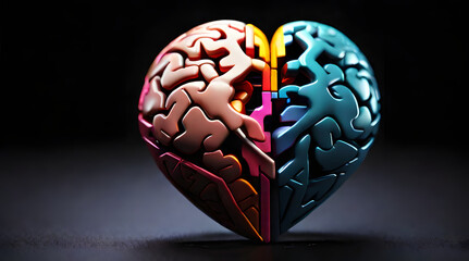 Heart-Brain Fusion: Minimalist, Vibrant, Multi-colored Shapes on Black