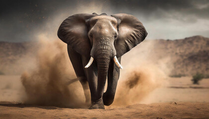 Amazing elephant with dust and sand on desert background. A large animal runs towards the camera - obrazy, fototapety, plakaty