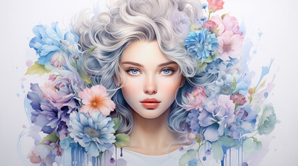 illustration of a beautiful girl with long wavy hair and flowers