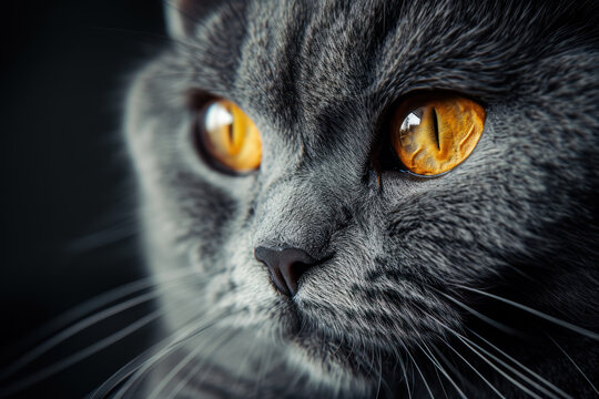 Closeup of beautiful luxury gorgeous grey british cat with vibrant eyes. Dark Background. Selective focus. Dramatic