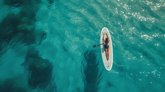 Young woman lying on SUP board in sea, top view. Space for text 