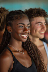 Junge Leute l&auml;cheln sich in der Turnhalle an