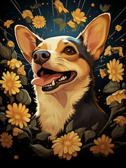 T-shirt design, a heartwarming portrayal of a chihuahua and sunflower, basking under the sun's gentle rays created with Generative Ai