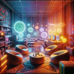 a room with a lot of different colored furniture, computer graphics b, shutterstock contest winner, holography, volumetric lighting, playstation 5 screenshot, unreal engine 5