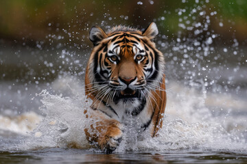 Fototapeta na wymiar Siberian Tiger running through water 