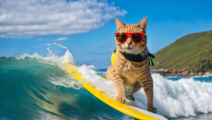 A cat is enjoying a summer vacation, surfing on the waves - obrazy, fototapety, plakaty