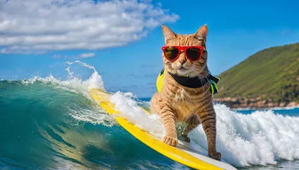 Tuinposter A cat is enjoying a summer vacation, surfing on the waves © KS