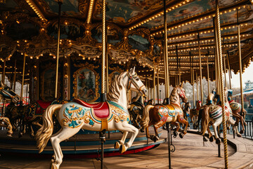 Fototapeta na wymiar Merry go round carousel in amusement park. Glowing attraction in city park. Childhood entertainment