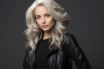 Naklejka premium Beautiful woman with shoulder-length gray hair, graceful demeanor, black background