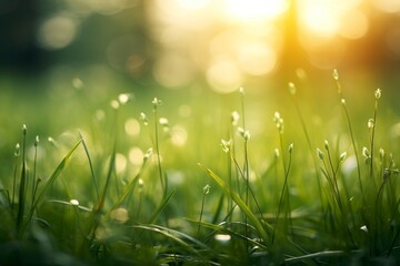 Fresh morning dew glistens on blades of grass as the sunrise filters through.